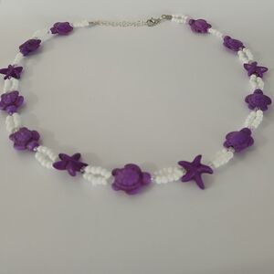 Purple and White Starfish and Turtle Necklace